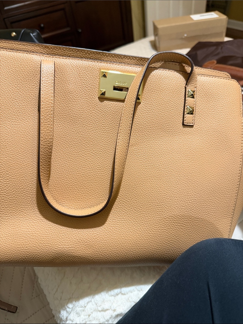 DKNY Tan Pebbled Leather Tote with Gold Hardware